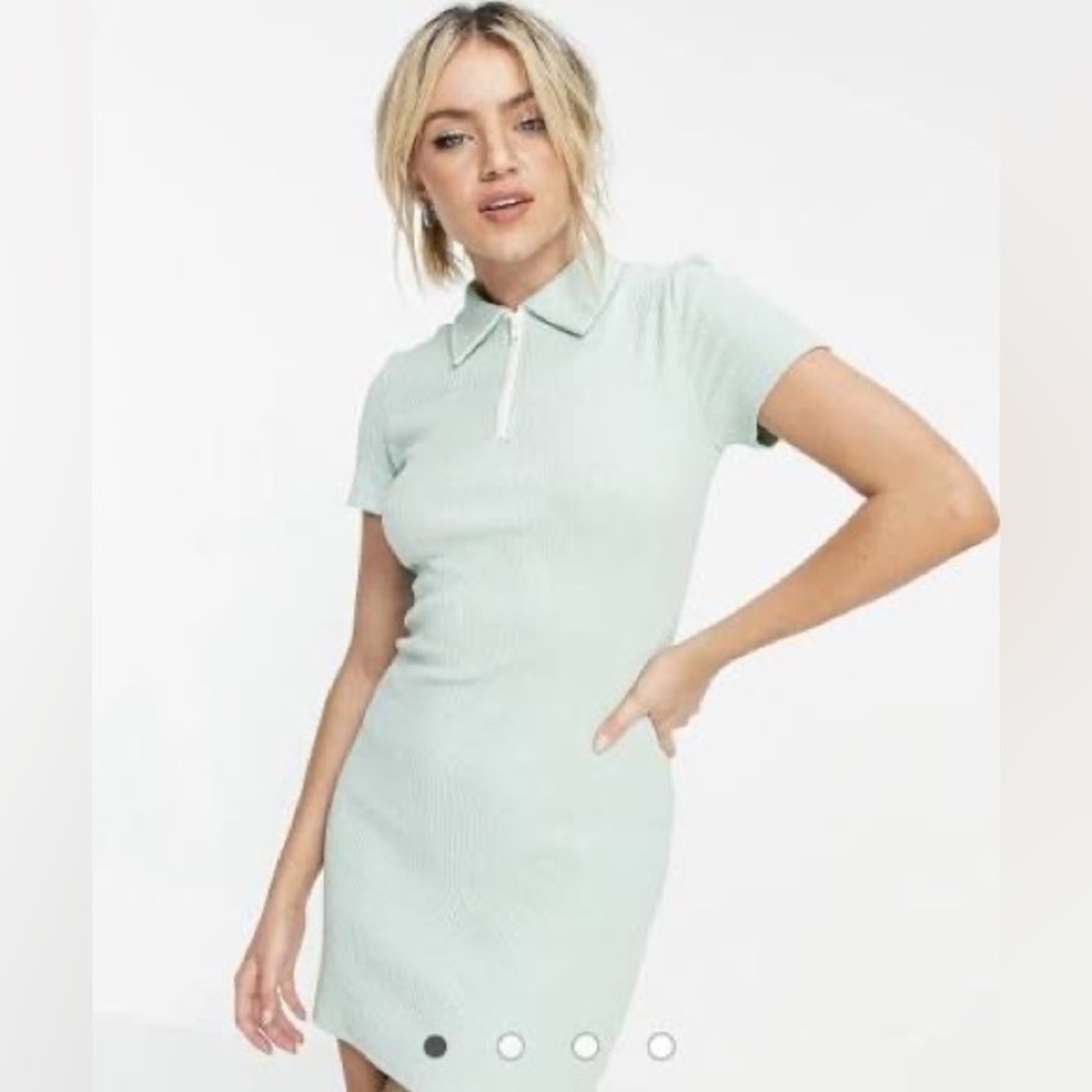 Urban Revivo Ribbed Polo Collar Mini Dress Green Short Sleeve Size 6